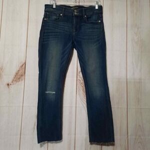 Express Jeans Womens 6 Cropped Legging‎ Mid Rise Dark Wash Raw Hem Distressed